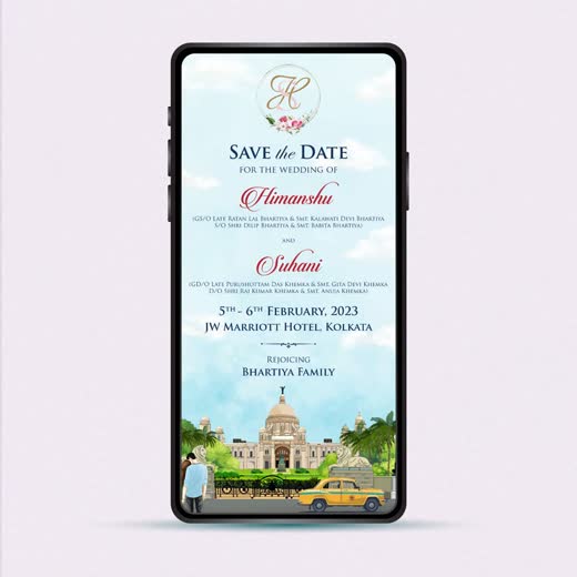 Save-the-date e-card with an illustration of Victoria Memorial and a yellow taxi